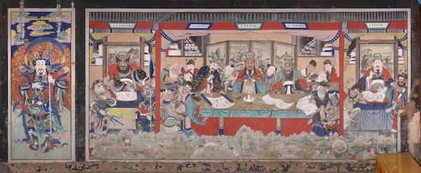 Composite image of a full painted mural at the Middle Avataṃsaka Monastery in China, depicting the courts of the Ten Courts of the Yama Kings surrounded by soldiers, officiants, and psychopomps.